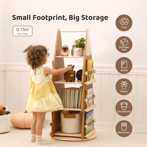 360° Rotating Tree Bookshelf – 4-Tier Pine Wood Floor Standing Bookcase