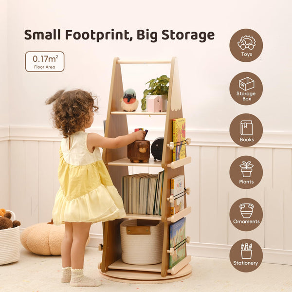 360° Rotating Tree Bookshelf – 4-Tier Pine Wood Floor Standing Bookcase