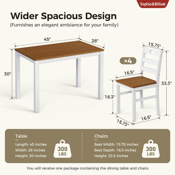5-Piece Farmhouse Dining Table Set for 4 — Wood Kitchen Table and Chairs