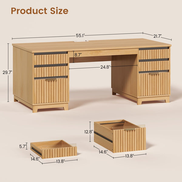 55.1" Fluted Executive Desk with 6 Drawers & Power Outlets