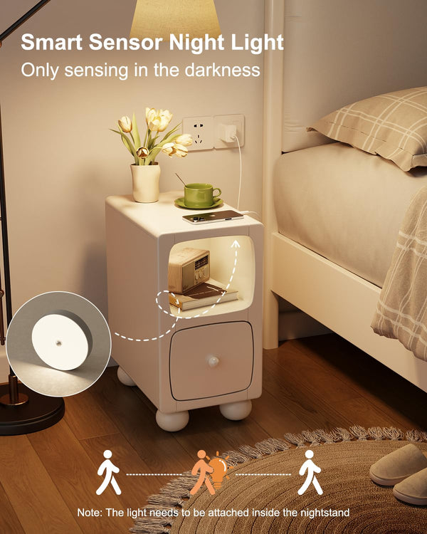 Solid Wood Narrow Nightstand with Drawer & USB Night Light