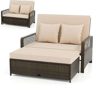 PE Rattan Double Chaise Lounge Set with Adjustable Back & Storage Ottoman