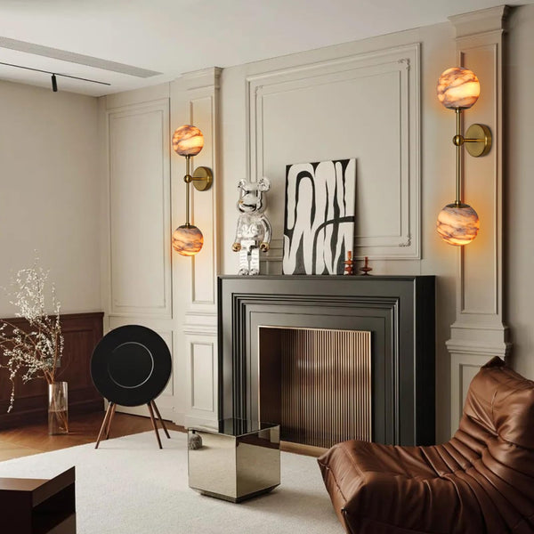 Alabaster Globe Wall Sconce with Brass Base
