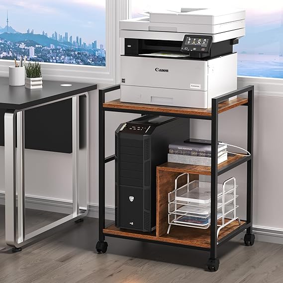 3-Tier Printer Stand with Charging Station & Lockable Wheels