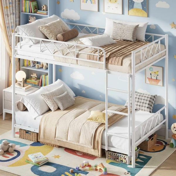 Twin Over Twin Bunk Bed with Stairs and Guardrails