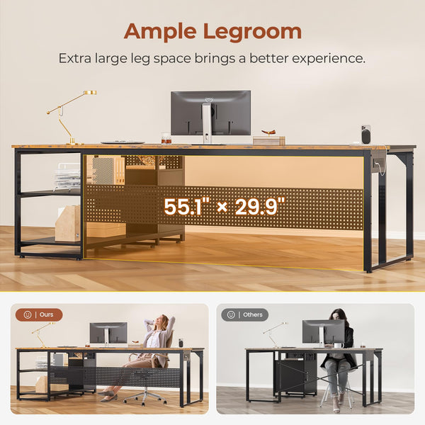 L-Shaped Executive Desk with File Cabinet & Power Outlets