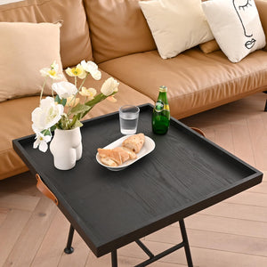 24x24 Square Wood Ottoman Tray with Leather Handles