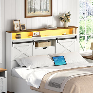 Queen Size Headboard with Storage, LED Lights & Charging Station