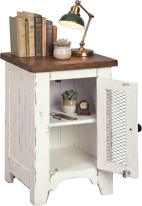 Rustic Farmhouse Chair Side End Table with Cabinet Door