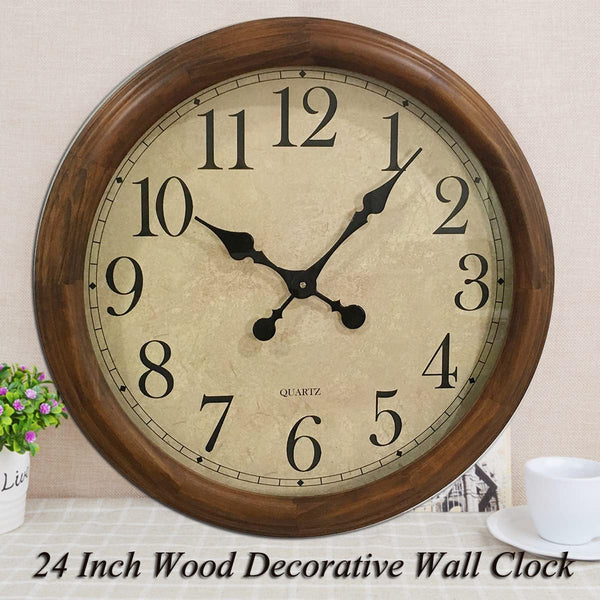 24-Inch Wood Silent Wall Clock – Large Decorative Non-Ticking Battery Operated