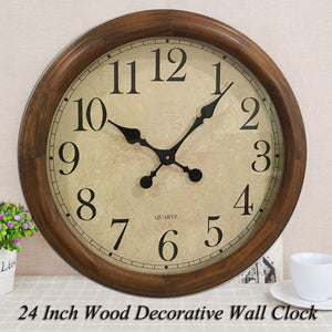24-Inch Wood Silent Wall Clock – Large Decorative Non-Ticking Battery Operated