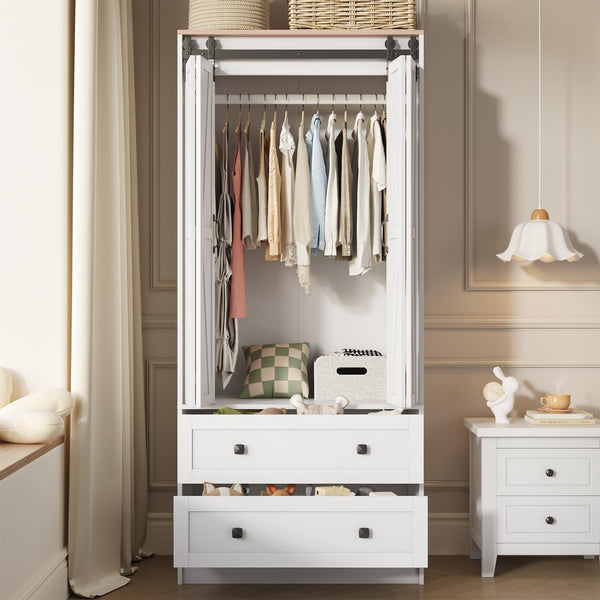 Farmhouse Wardrobe Armoire with Sliding Barn Doors & Drawers