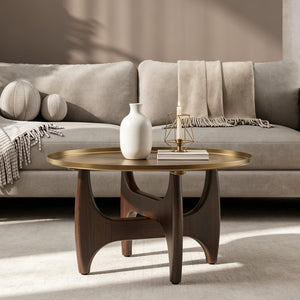 Round Coffee Table with Metal Tray Top & Wood X-Base