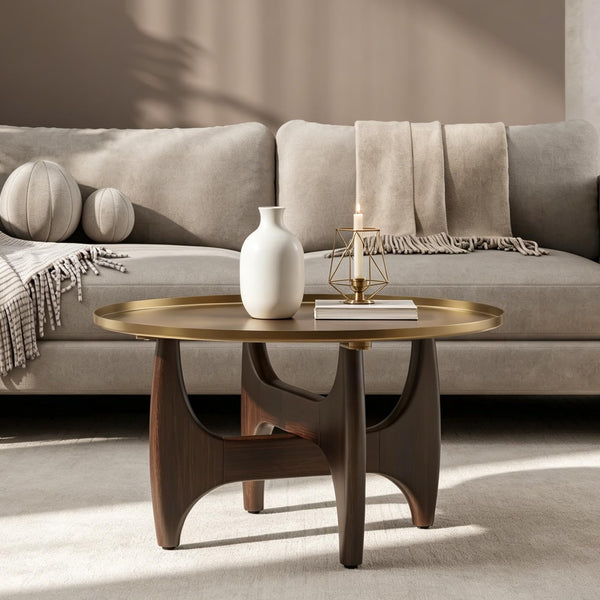 Round Coffee Table with Metal Tray Top & Wood X-Base