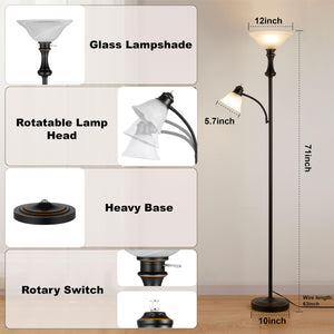 71" Arc Floor Lamp with Frosted Glass Shade & Adjustable Reading Light