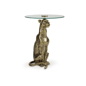 Leopard Base Glass Accent Table – Round End Table, Clear & Gold