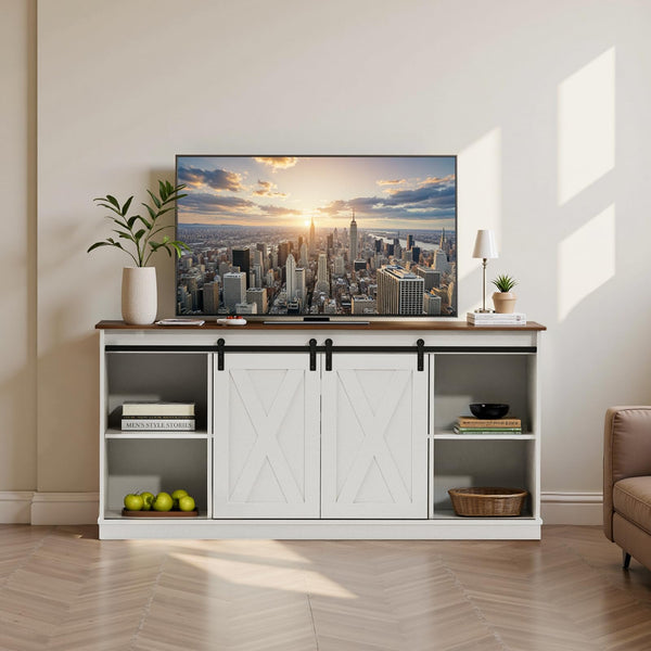 Farmhouse TV Stand with Sliding Barn Door – 65 Inch, White