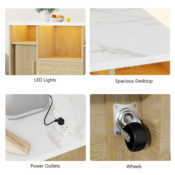 Rolling Kitchen Island with Storage, Power Outlet & LED Light