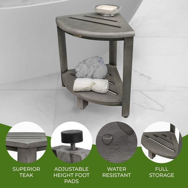 Corner Teak Wood Shower Bench with Two-Tier Shelf