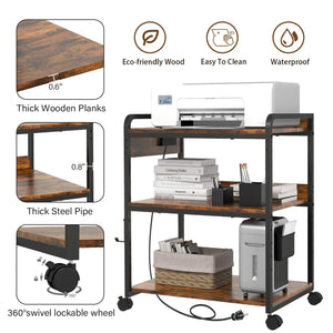 3-Tier Printer Stand with Wheels, Power Outlet & USB Port