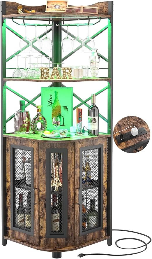 Corner Bar Cabinet with Power Outlet & LED Lights – 5-Tier Wine & Liquor Storage