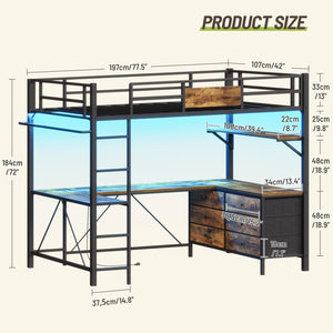 Twin Loft Bed with L-Shaped Desk, LED Lights & Storage