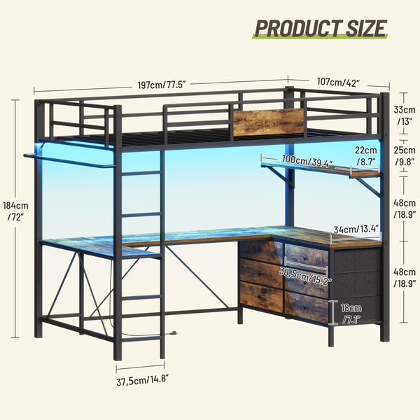 Twin Loft Bed with L-Shaped Desk, LED Lights & Storage
