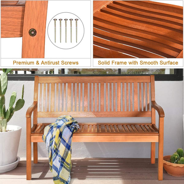 50" Solid Wood Outdoor Bench with Backrest & Armrests