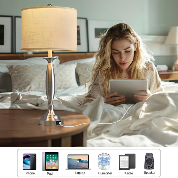 Modern Table Lamps Set of 2 with USB A+C Charging Ports – Brushed Steel Bedside Lamps with Fabric Drum Shade