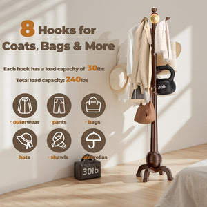 Solid Wood Freestanding Coat Rack with 8 Hooks