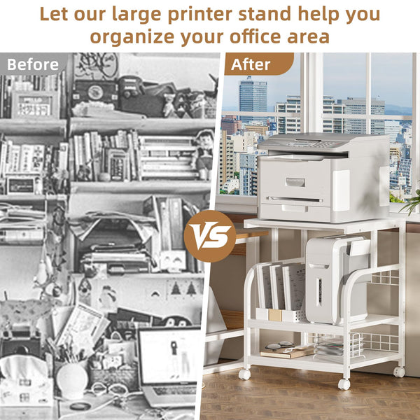 3-Tier Rolling Printer Stand with Storage Shelves
