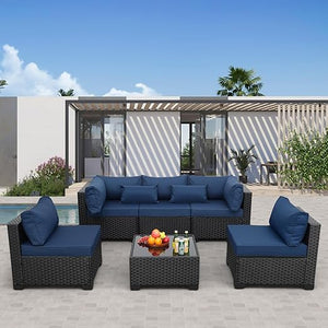 6-Piece All-Weather Wicker Patio Sectional Set with Glass Table