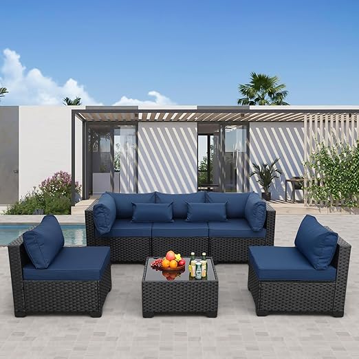 6-Piece All-Weather Wicker Patio Sectional Set with Glass Table