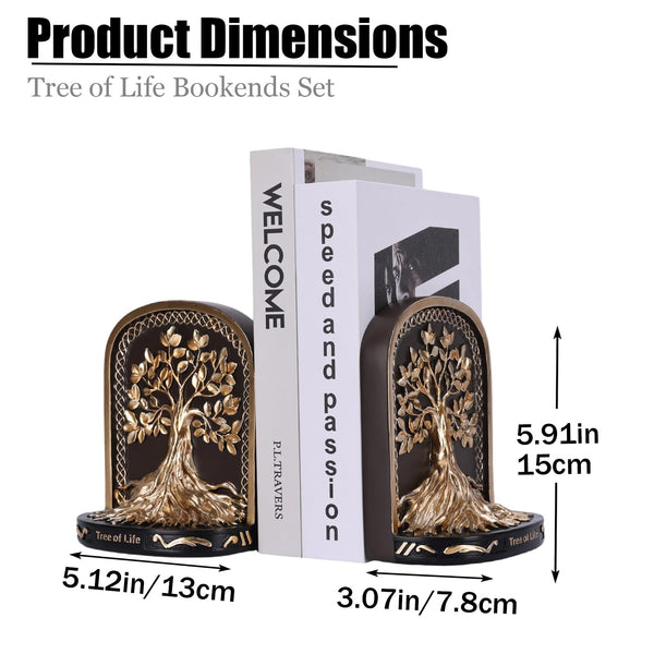 Tree of Life Bookends, Black Gold 2 Non-Skid Heavy Decorative Bookends for Shelves Or Bookcase, Elegant Bookends for Library Office Decor, Home Décor Gift