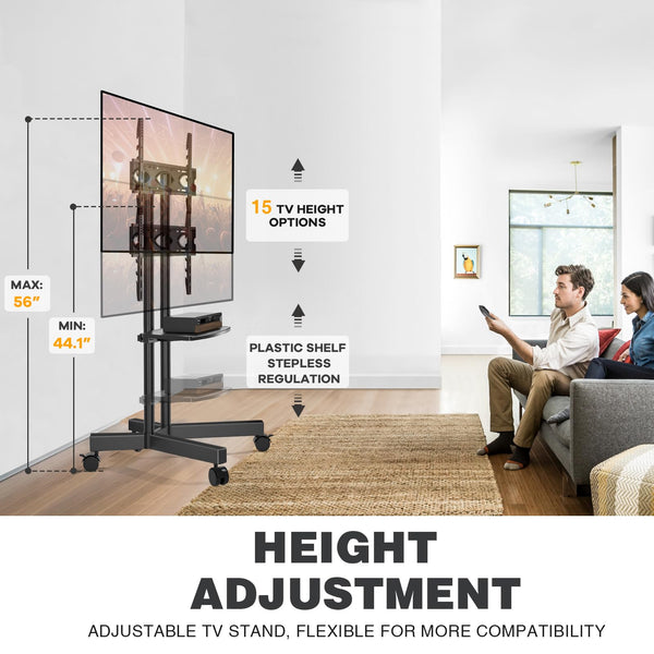 Rolling TV Stand with Wheels | Height Adjustable | Fits 32–75" TVs