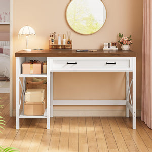 Small Desk with Drawers, Storage Shelves & Built-In Power Outlet