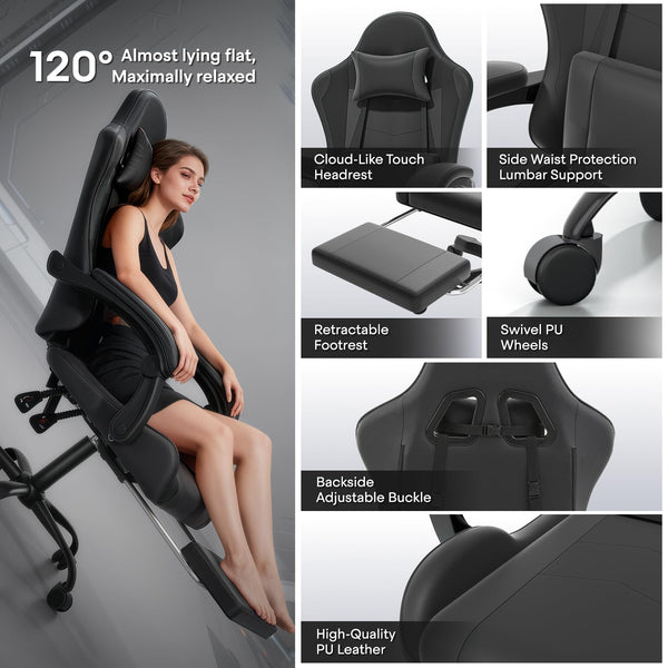 Ergonomic Gaming Chair with Footrest, Headrest & Lumbar Support