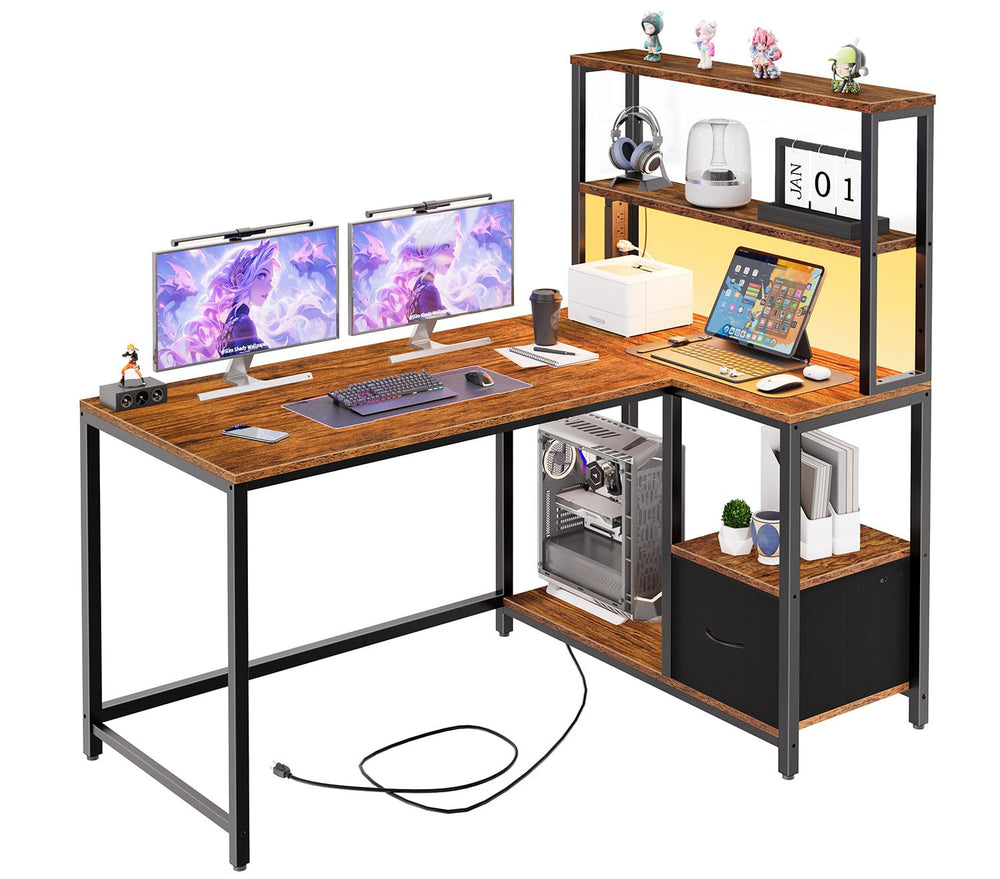 L-Shaped Gaming Desk with LED Light, Power Outlet & Storage Shelves, 46"