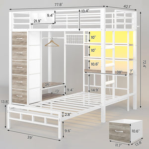 L-Shaped Metal Bunk Bed Twin Over Twin with Storage Drawers, Charging Station & LED Lights