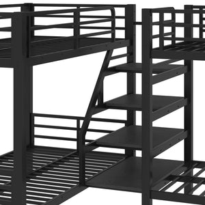L-Shaped Metal Quad Bunk Bed with Stairs – Twin Size for 4