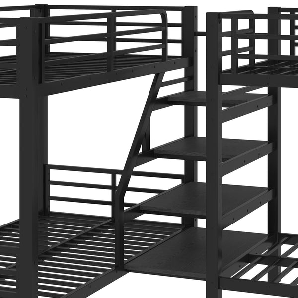 L-Shaped Metal Quad Bunk Bed with Stairs – Twin Size for 4