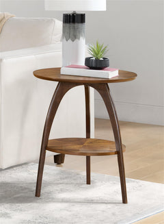 Round Wood End Table – Mid-Century Modern Side Table with Lower Shelf