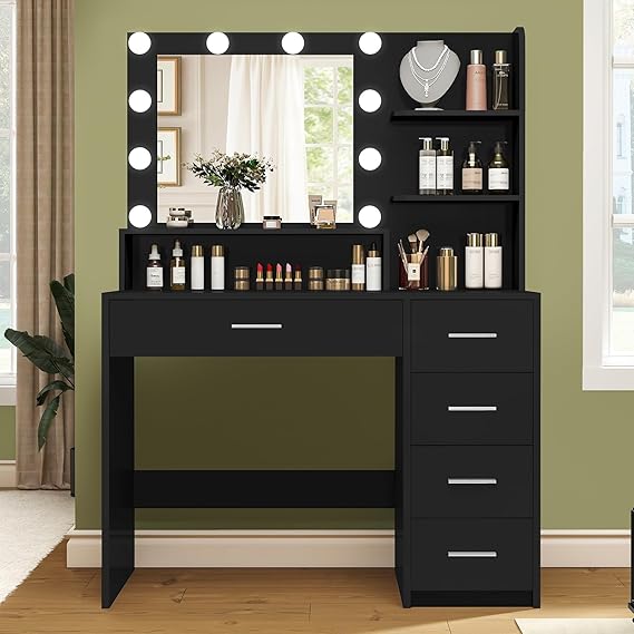 Makeup Vanity Desk with Mirror & Lights, 5 Drawers