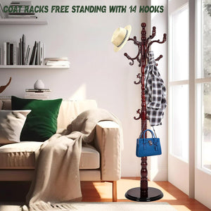 Wooden Coat Rack Stand with 14 Hooks, Adjustable Height