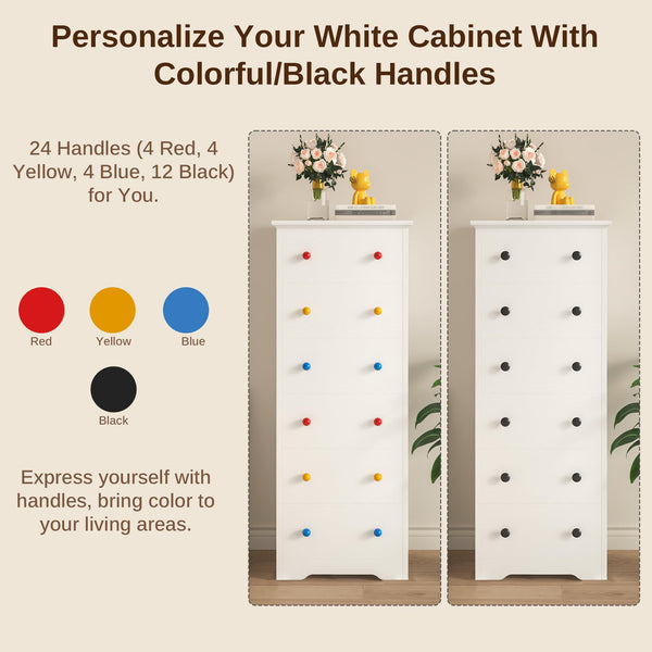 6-Drawer Tall Skinny Dresser with Colorful Handles – White