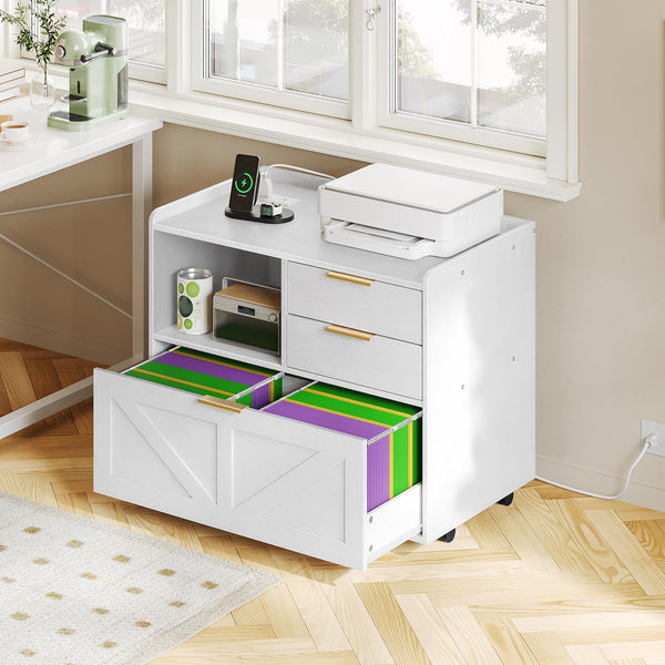 Lateral File Cabinet with Charging Station and Printer Stand
