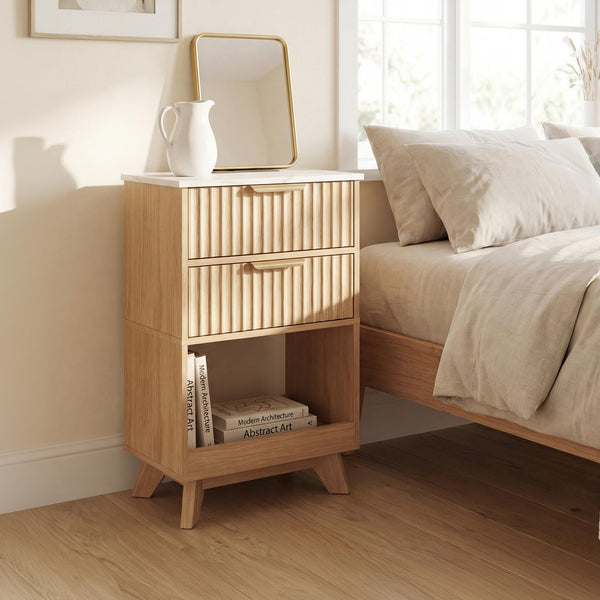 Fluted Nightstand with Charging Station & 2 Drawers
