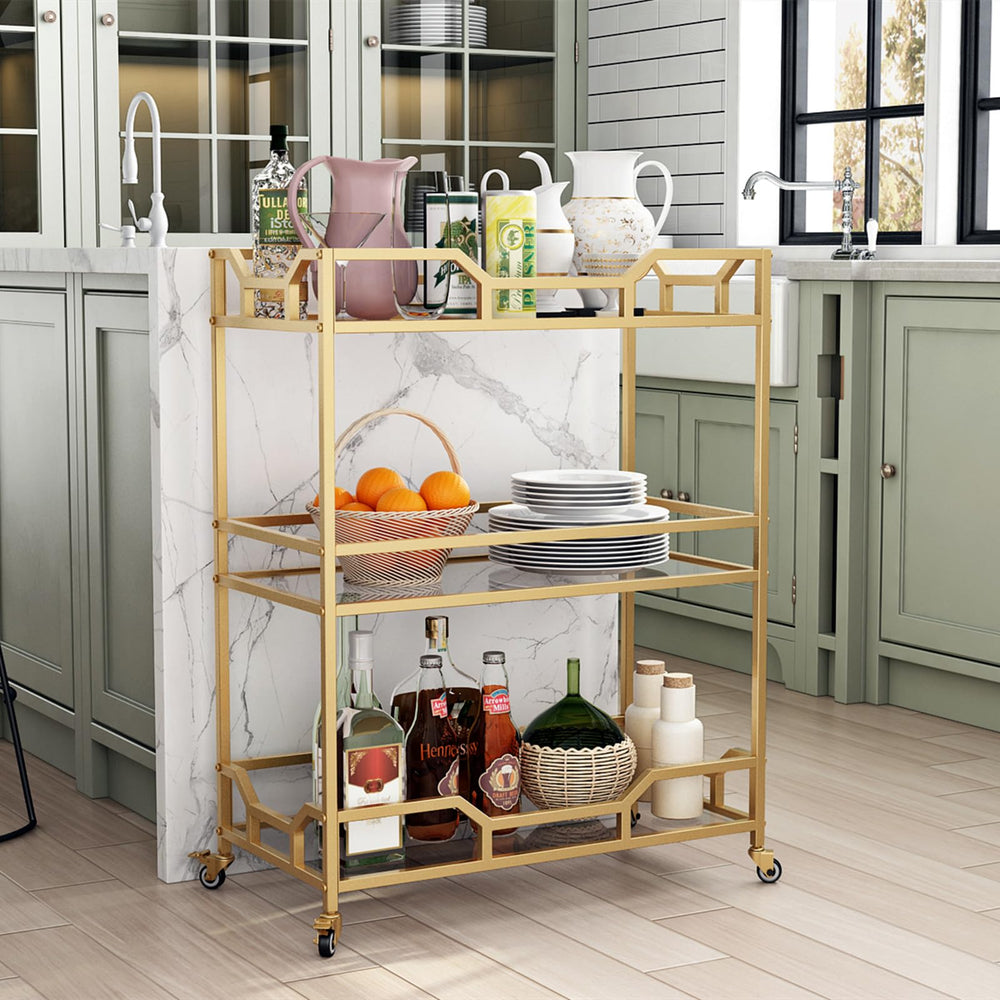 3-Tier Gold Bar Cart with Glass Shelves & Wheels