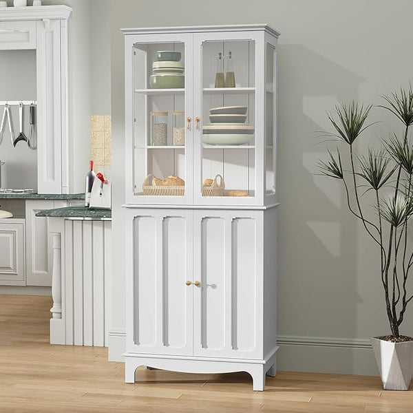 72" Freestanding Kitchen Pantry Cabinet with Glass Doors