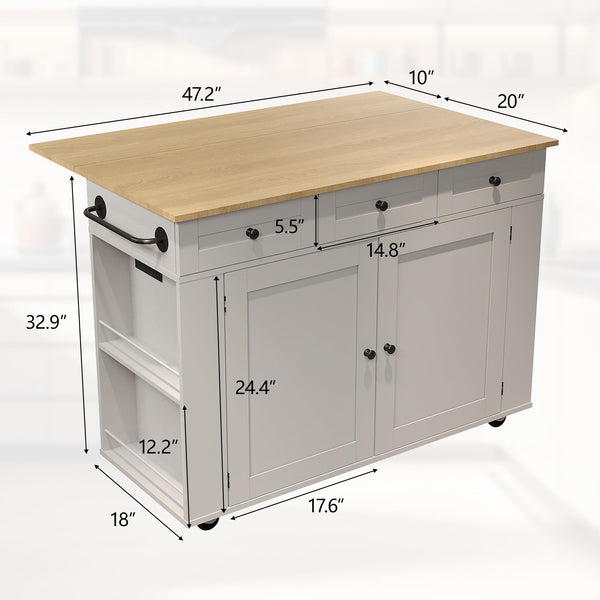 Rolling Kitchen Island with Drop Leaf Countertop & Charging Station